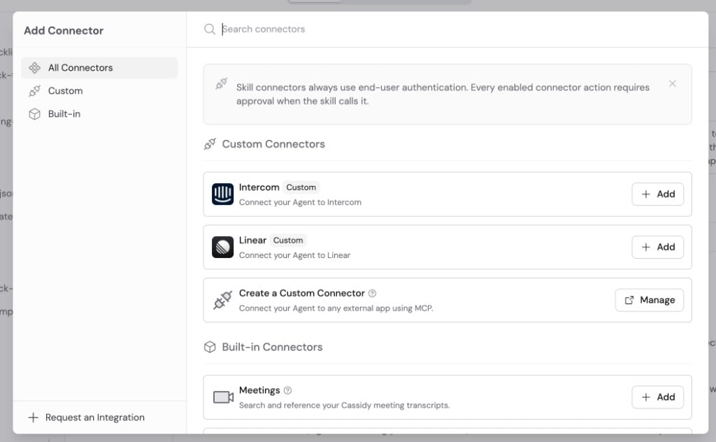 Skill Add Connector dialog showing custom Connectors, MCP options, and built-in Connectors