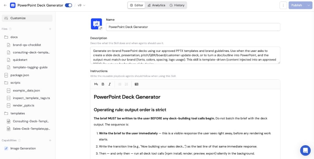 PowerPoint Deck Generator Skill open in the Editor tab with instructions, files, and Image Generation configured