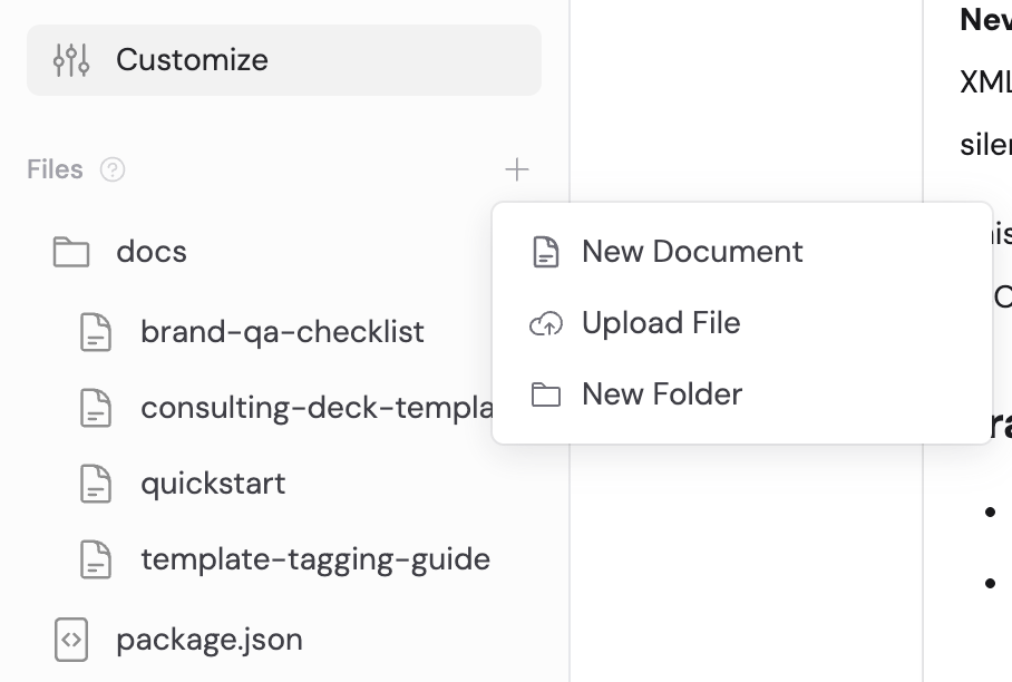 Skill Files menu with options to create a document, upload a file, or create a folder