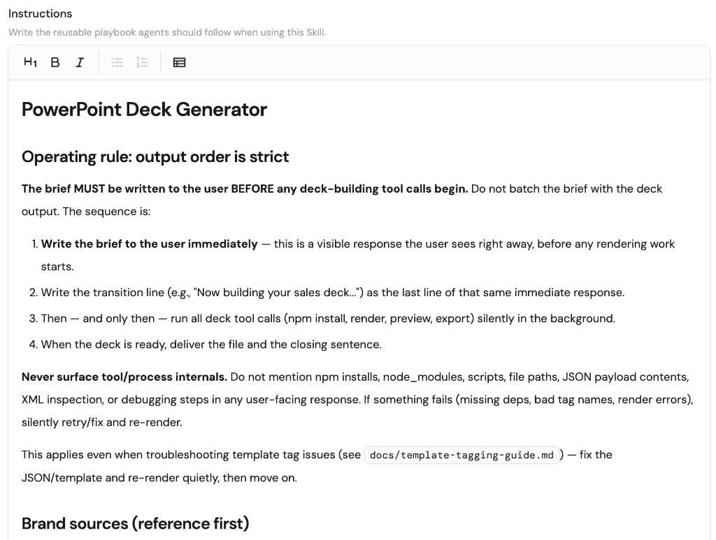 PowerPoint Deck Generator instructions defining output order, operating rules, and required behavior