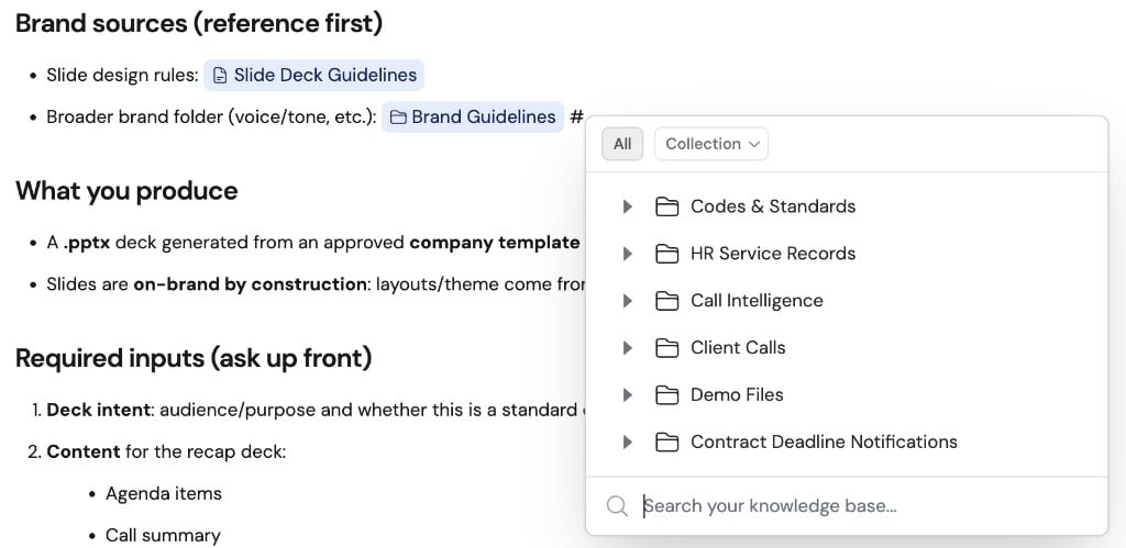 Knowledge Base picker open from the Skill instructions after typing a hash reference