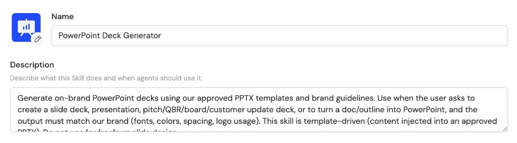 PowerPoint Deck Generator Skill name and description fields