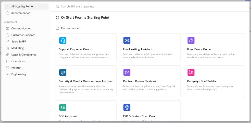 Skill starting point gallery showing templates for support, email writing, brand voice, security questionnaires, contract review, and other departments