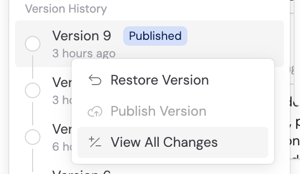 Skill version menu showing Restore Version, Publish Version, and View All Changes