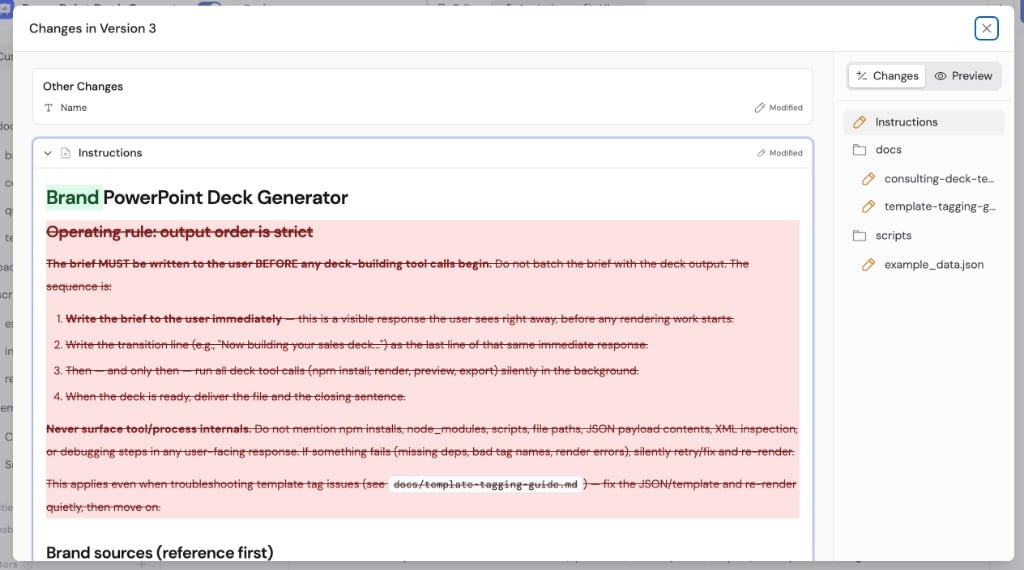 Skill version changes view comparing modified instructions and files