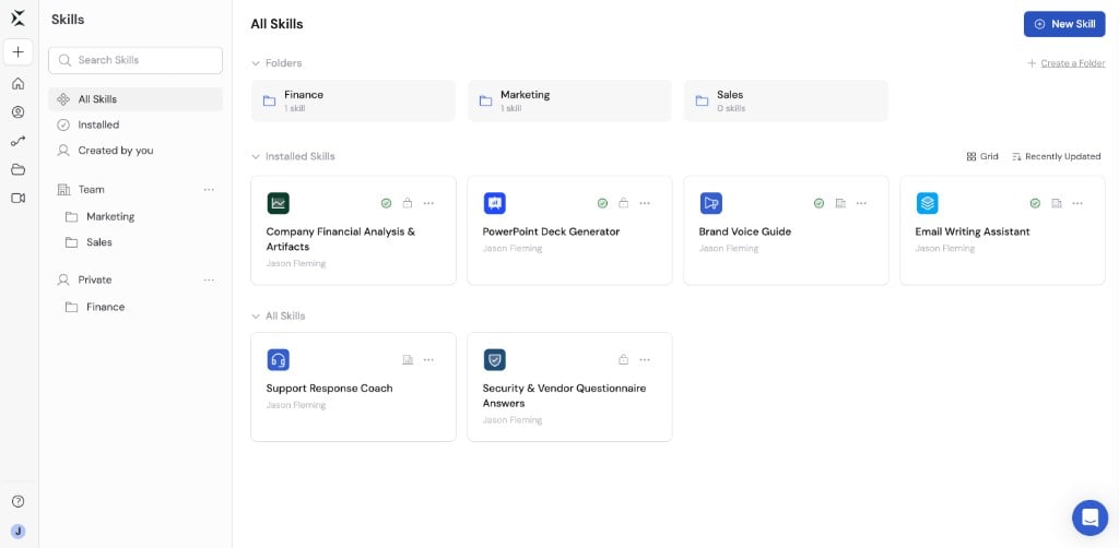 Skills directory with navigation for installed, team, and private Skills