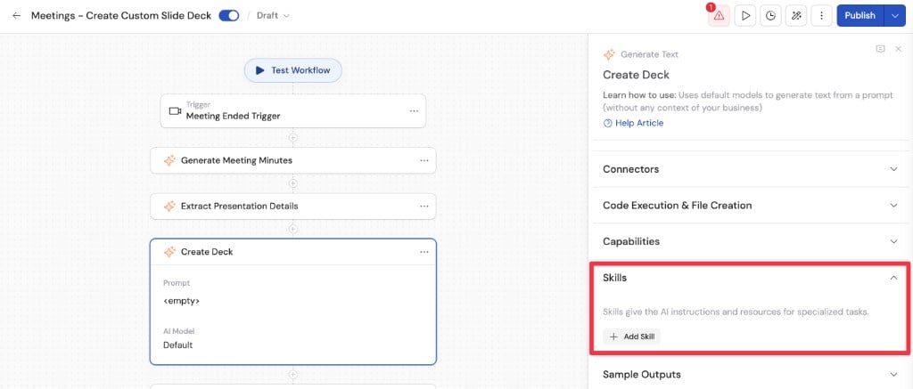 Workflow Generate Text action with a Skills section and Add Skill button
