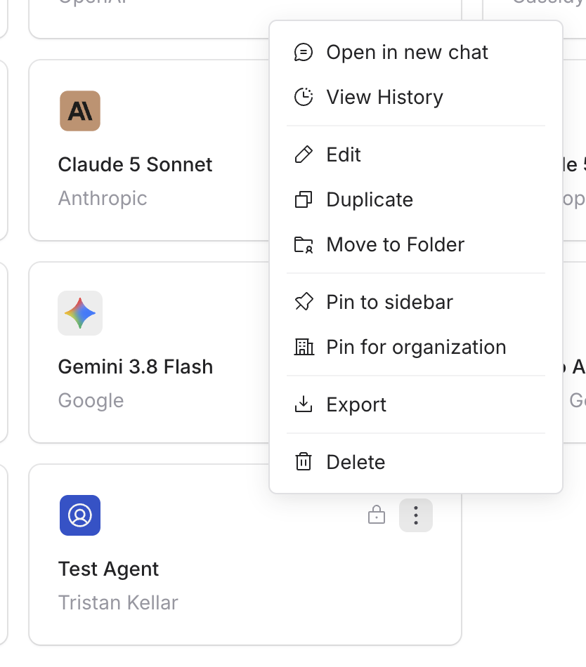 Agent actions menu showing Pin to sidebar and Pin for organization
