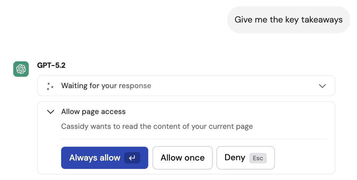 Agent approval card with Always allow, Allow once, and Deny buttons for granting page access
