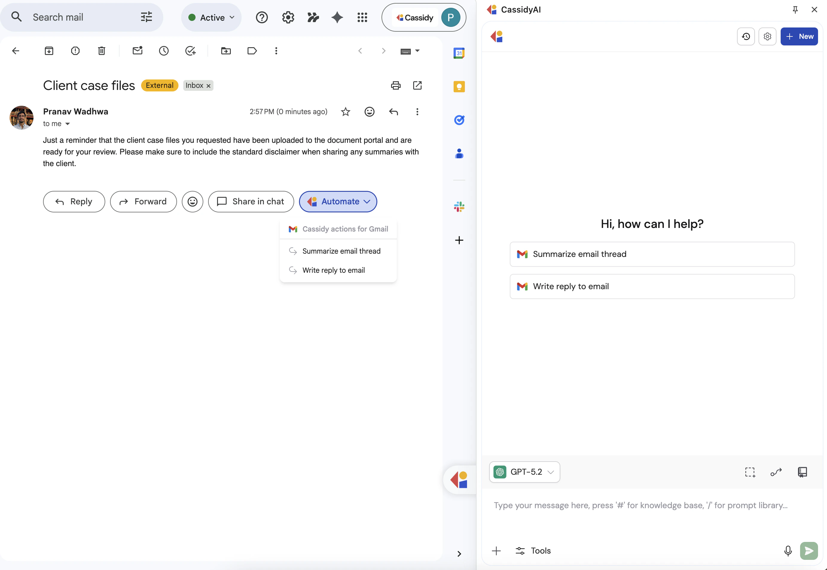 Gmail email view with the Automate dropdown showing Summarize email thread and Write reply to email options