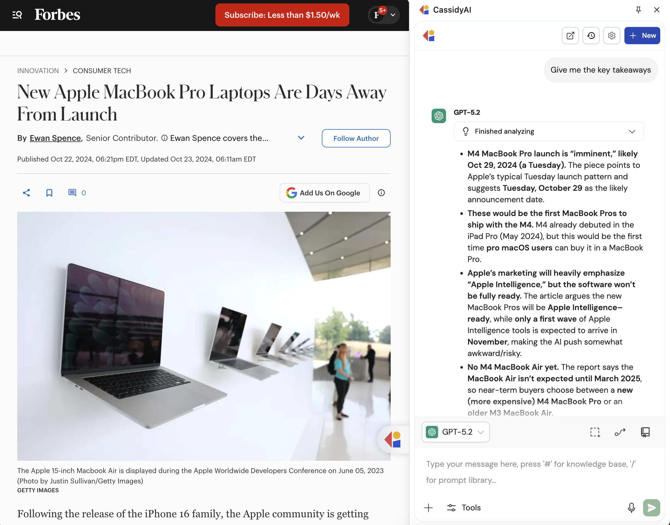 Cassidy extension sidebar summarizing a Forbes article with key takeaways about Apple MacBook Pro