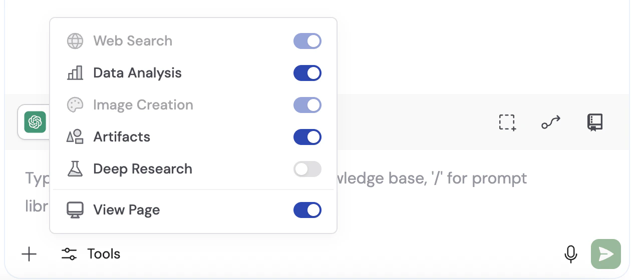 Tools dropdown in the chat input area showing the View Page toggle enabled