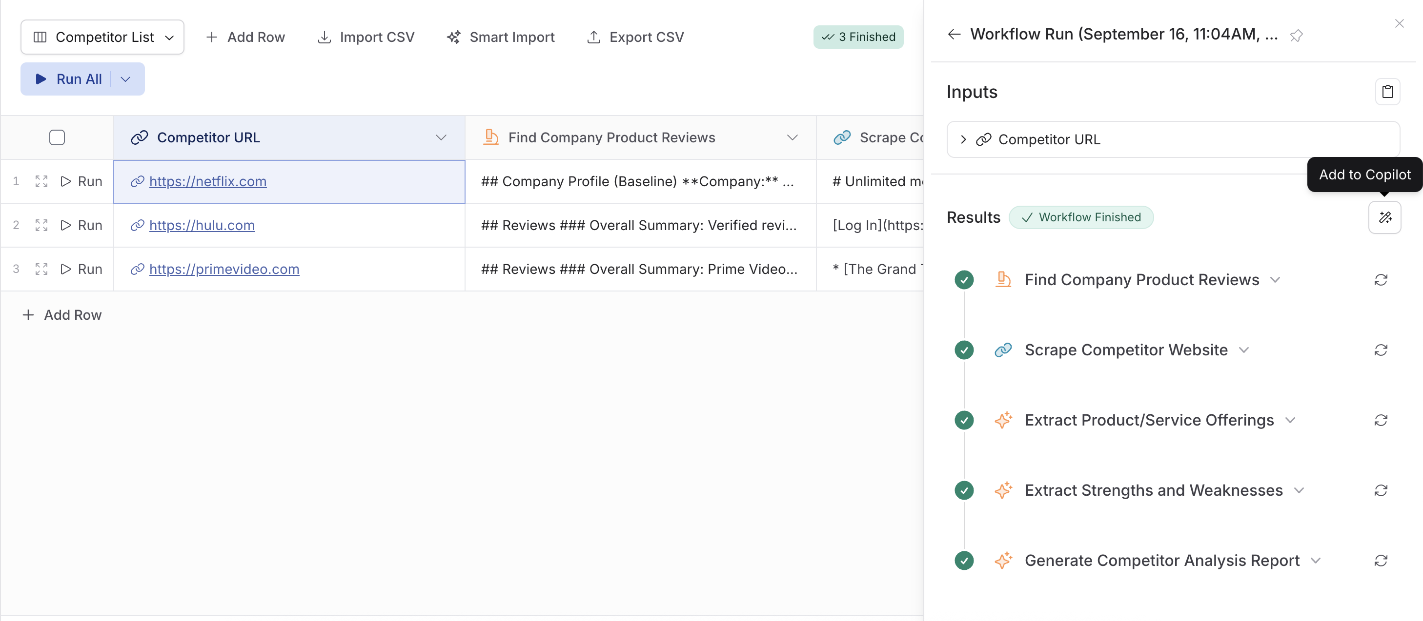 Published bulk run with a finished row's details open and the Add to Copilot button highlighted