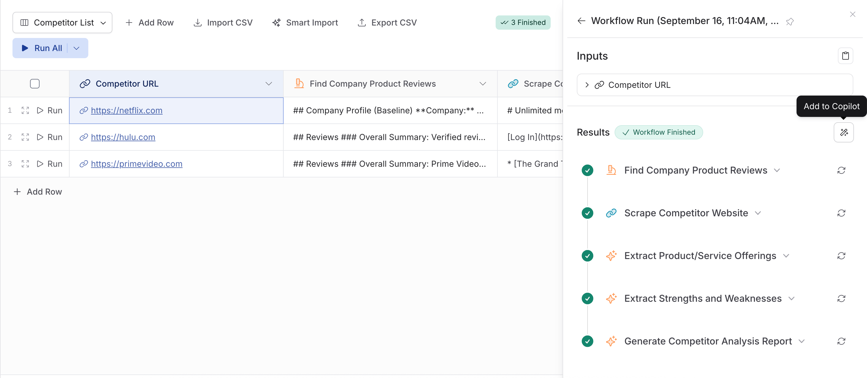 Published bulk run with a finished row's details open and the Add to Copilot button highlighted
