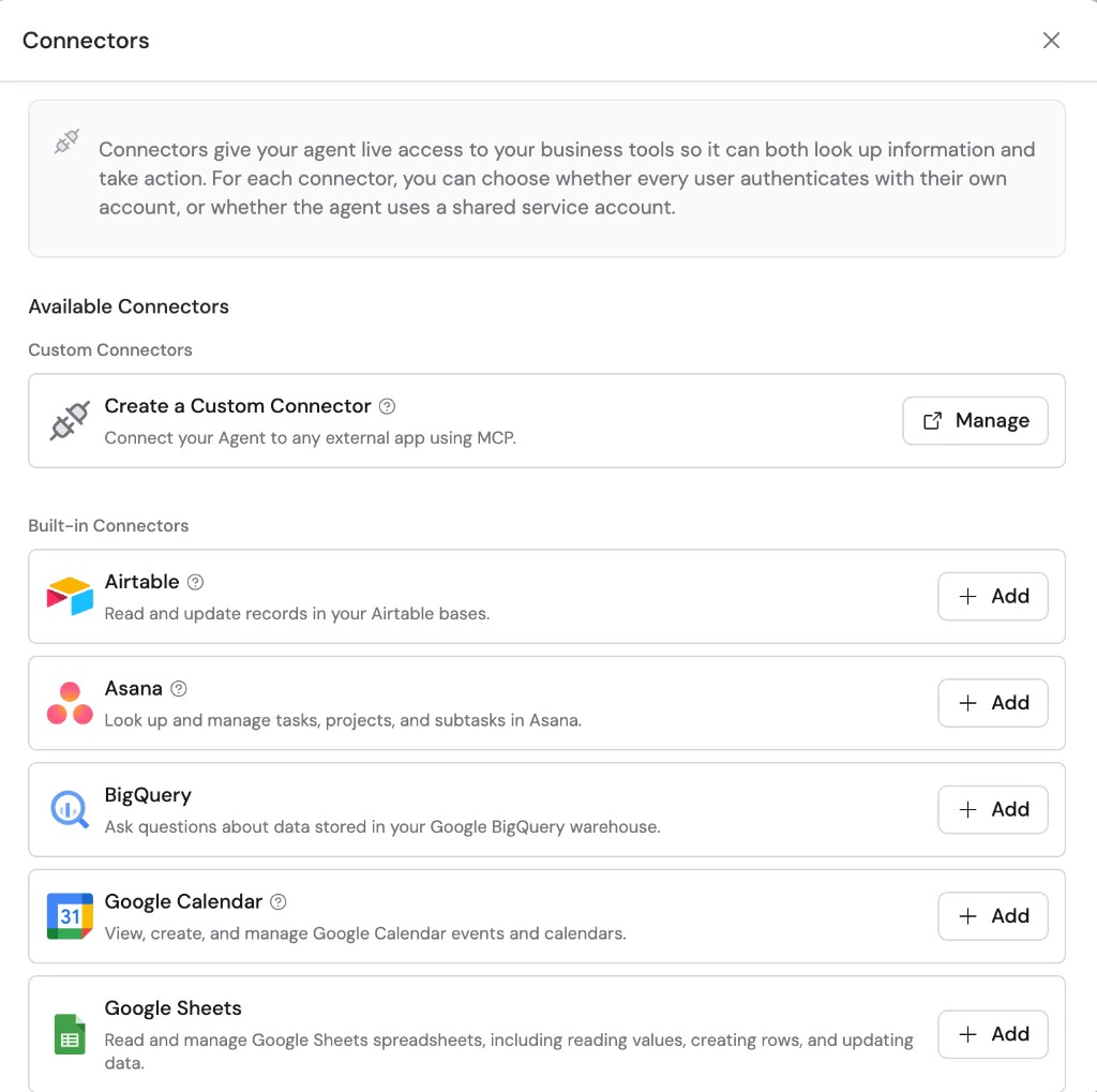 Connector picker showing Asana as an available connector