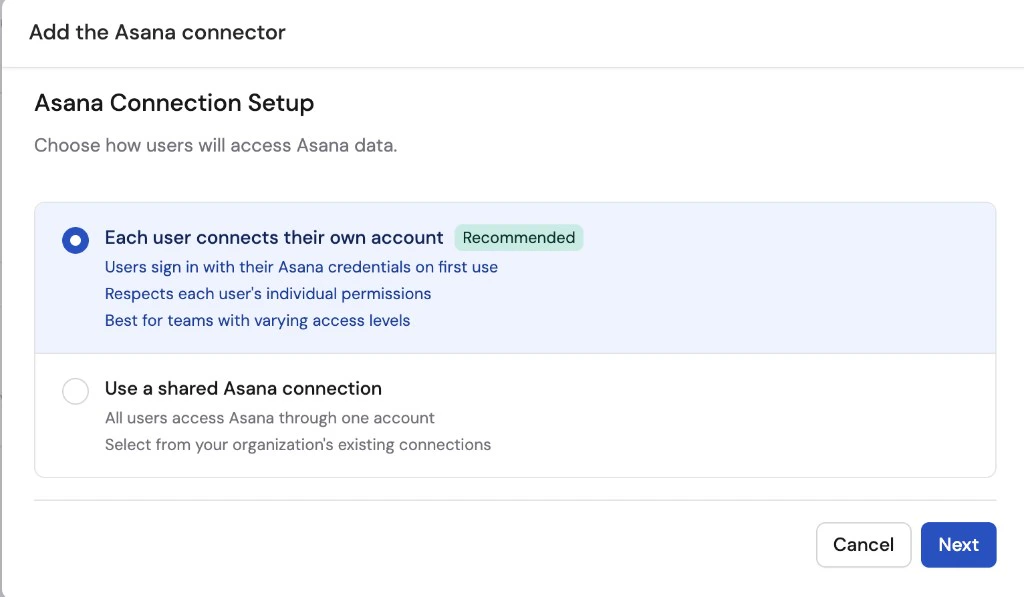 Connection method selection screen for the Asana Connector