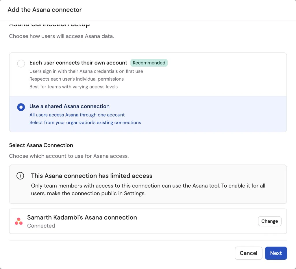 Shared connection setup showing an existing Asana connection