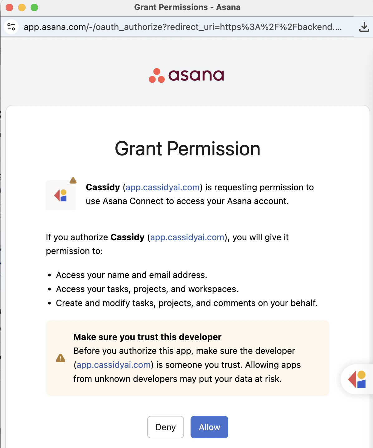 Asana connection modal