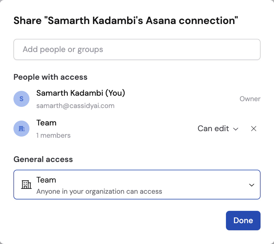 Sharing settings for the Asana connection