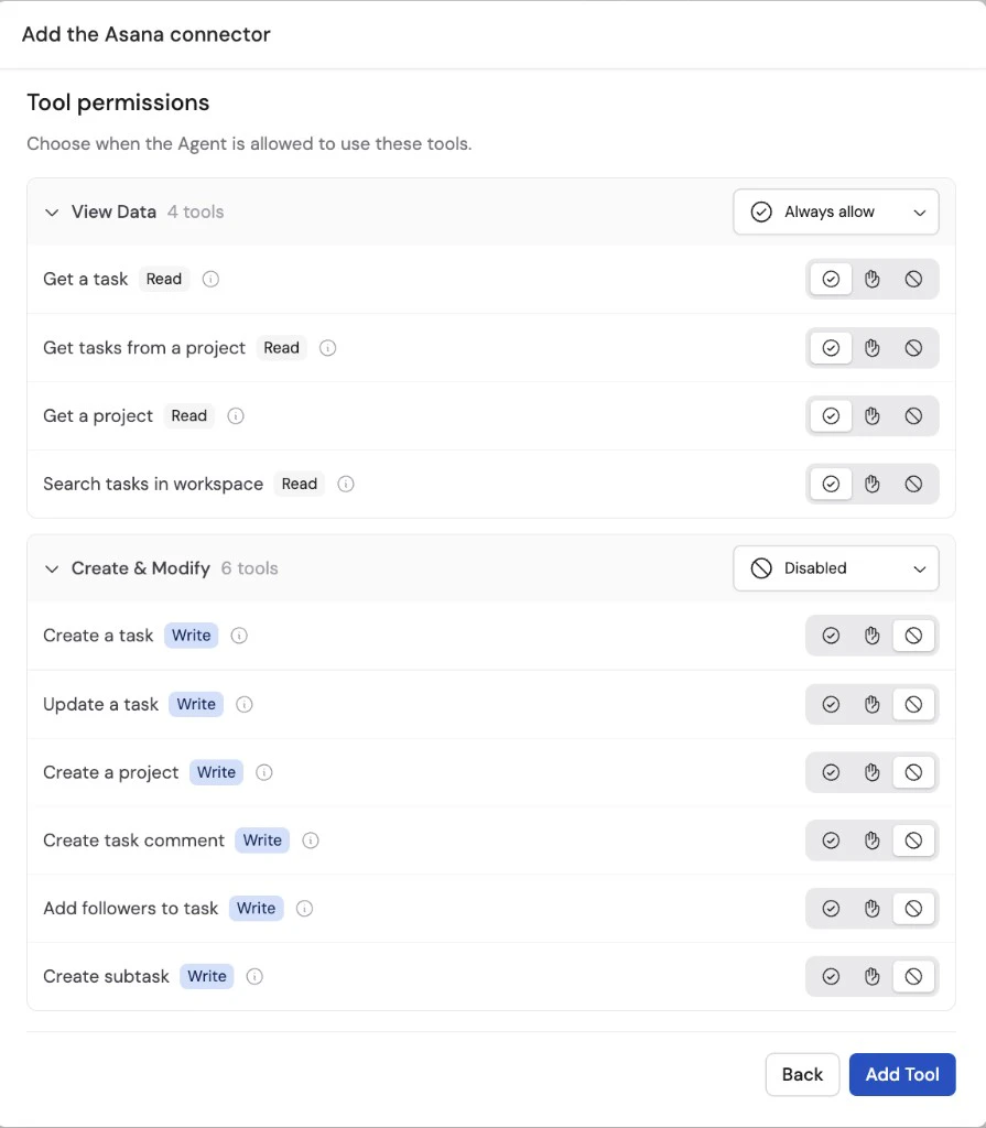 Tool permissions screen showing View Data and Create & Modify tool groups