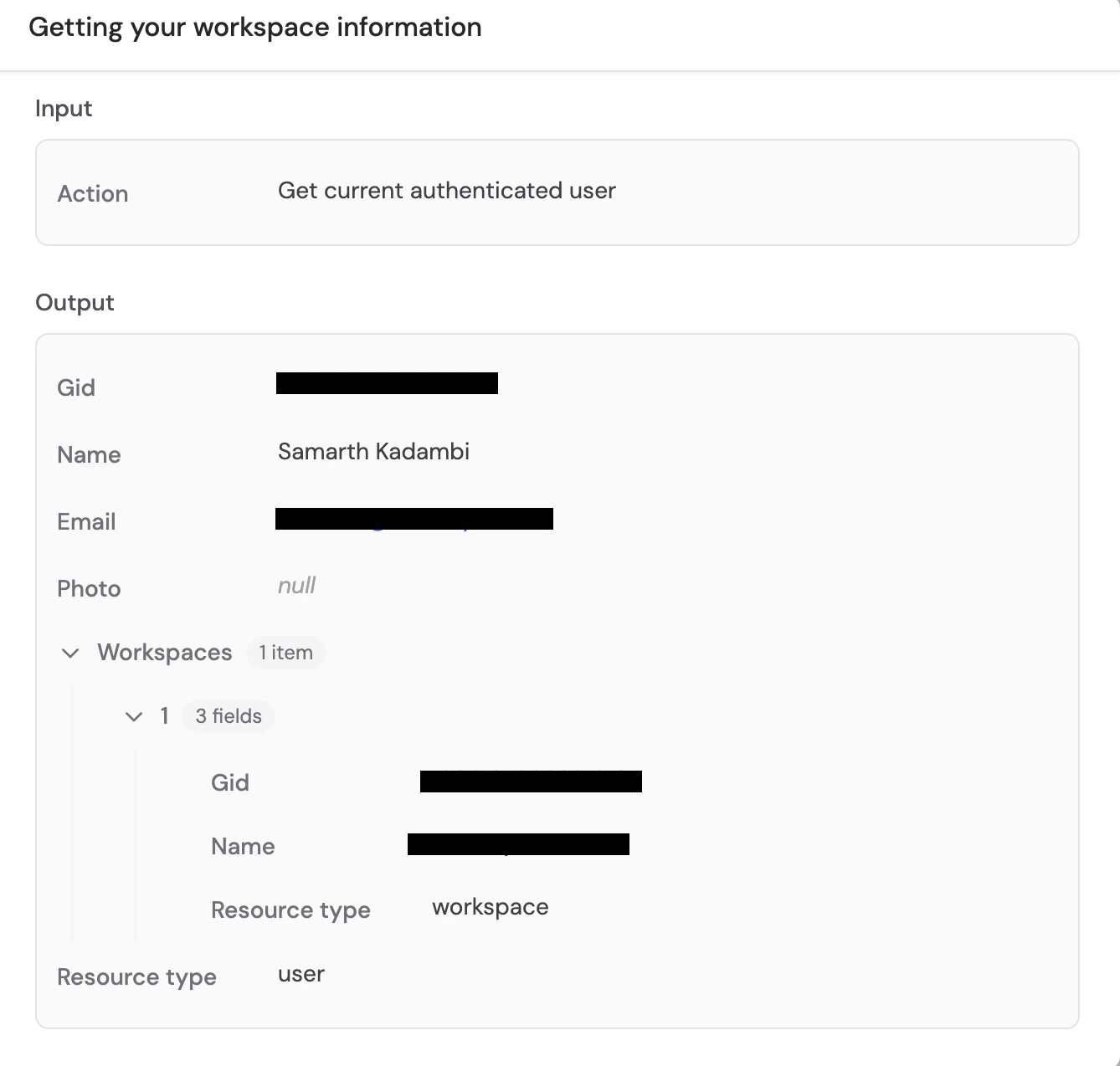 Expanded Asana action details showing the Get current authenticated user action with input and output data
