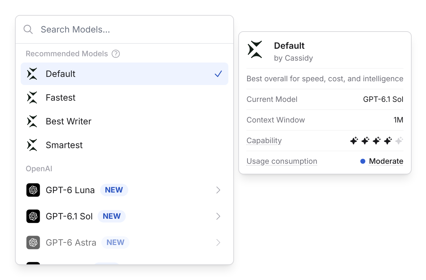 Model selector showing the Capability and Usage consumption ratings for the Default model