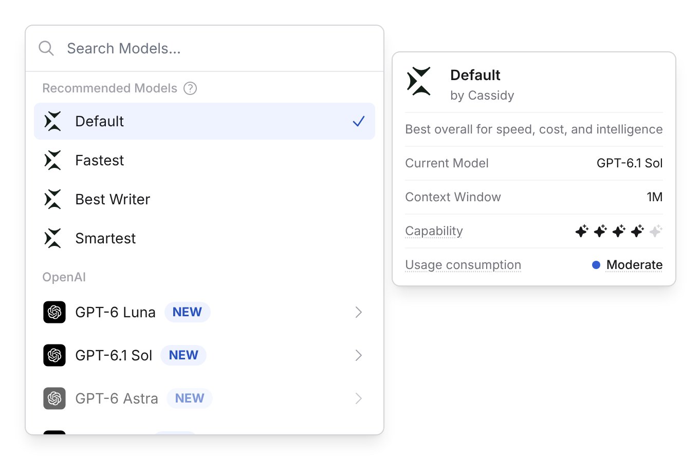 Model selector showing the Capability and Usage consumption ratings for the Default model