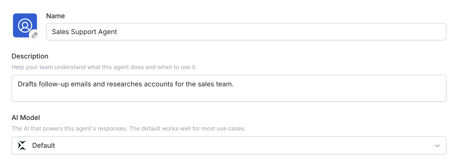 AI Model field on an Agent's Setup tab