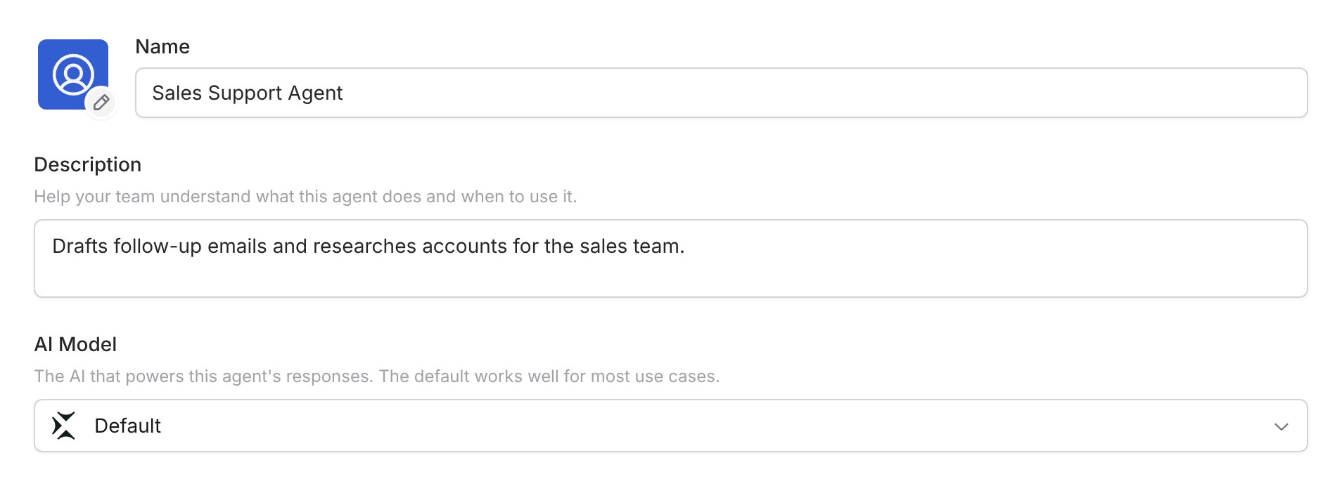 AI Model field on an Agent's Setup tab