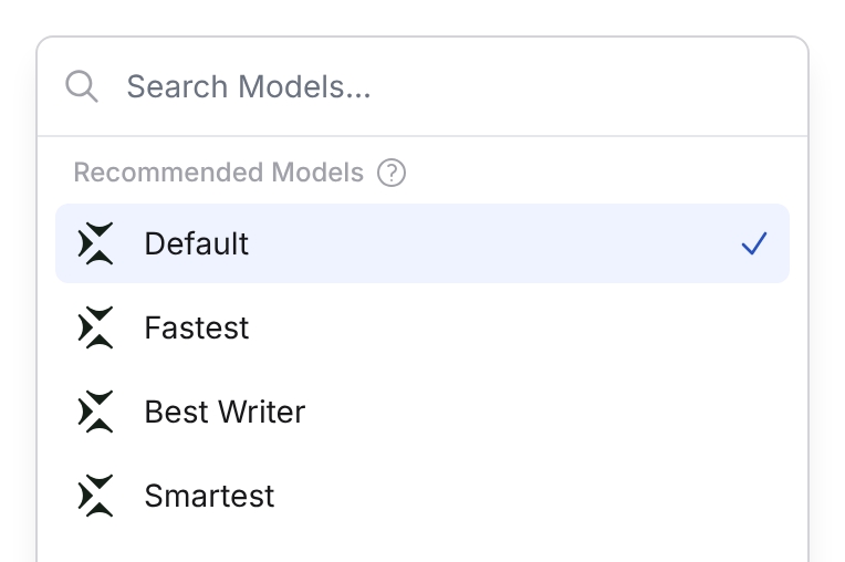 Recommended Models section showing Default, Fastest, Best Writer, and Smartest
