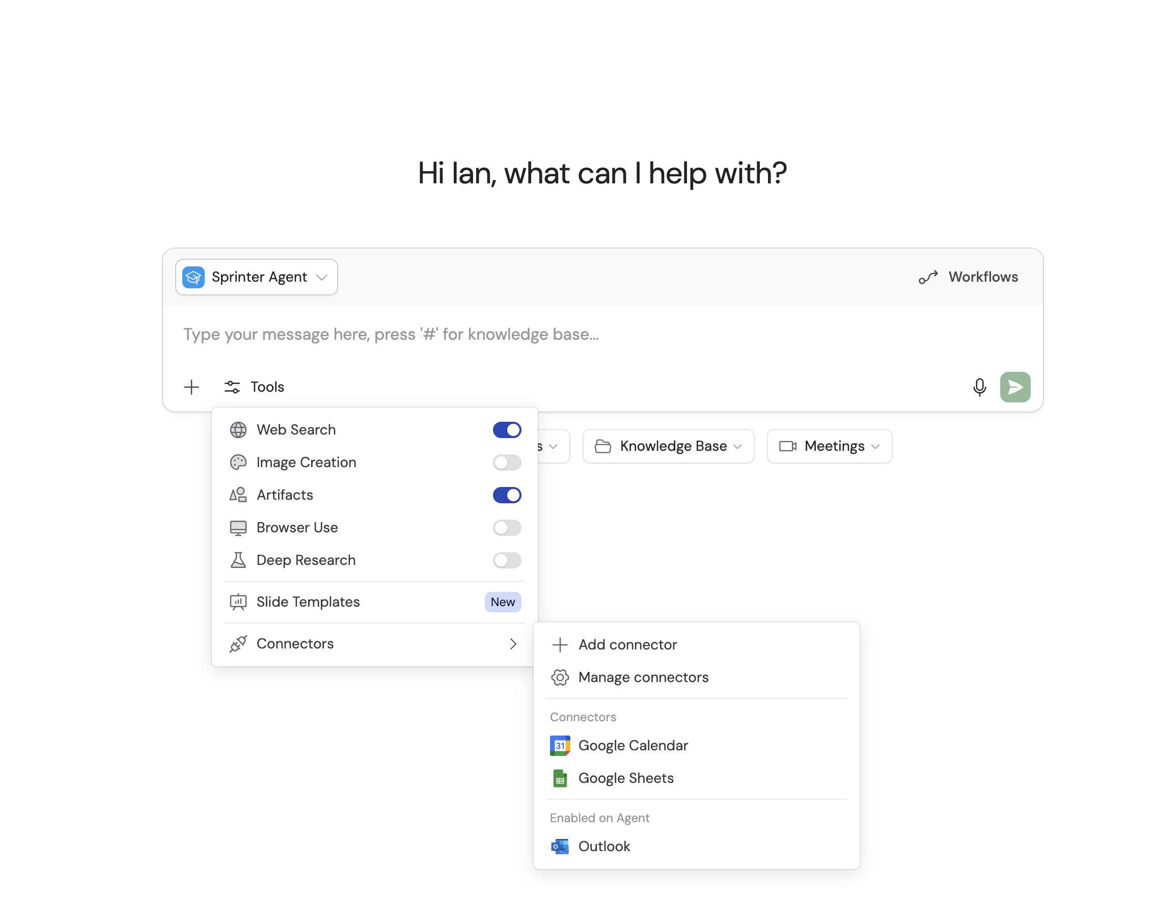 Tools menu in chat showing capabilities, personal Connectors, and Connectors enabled on the Agent