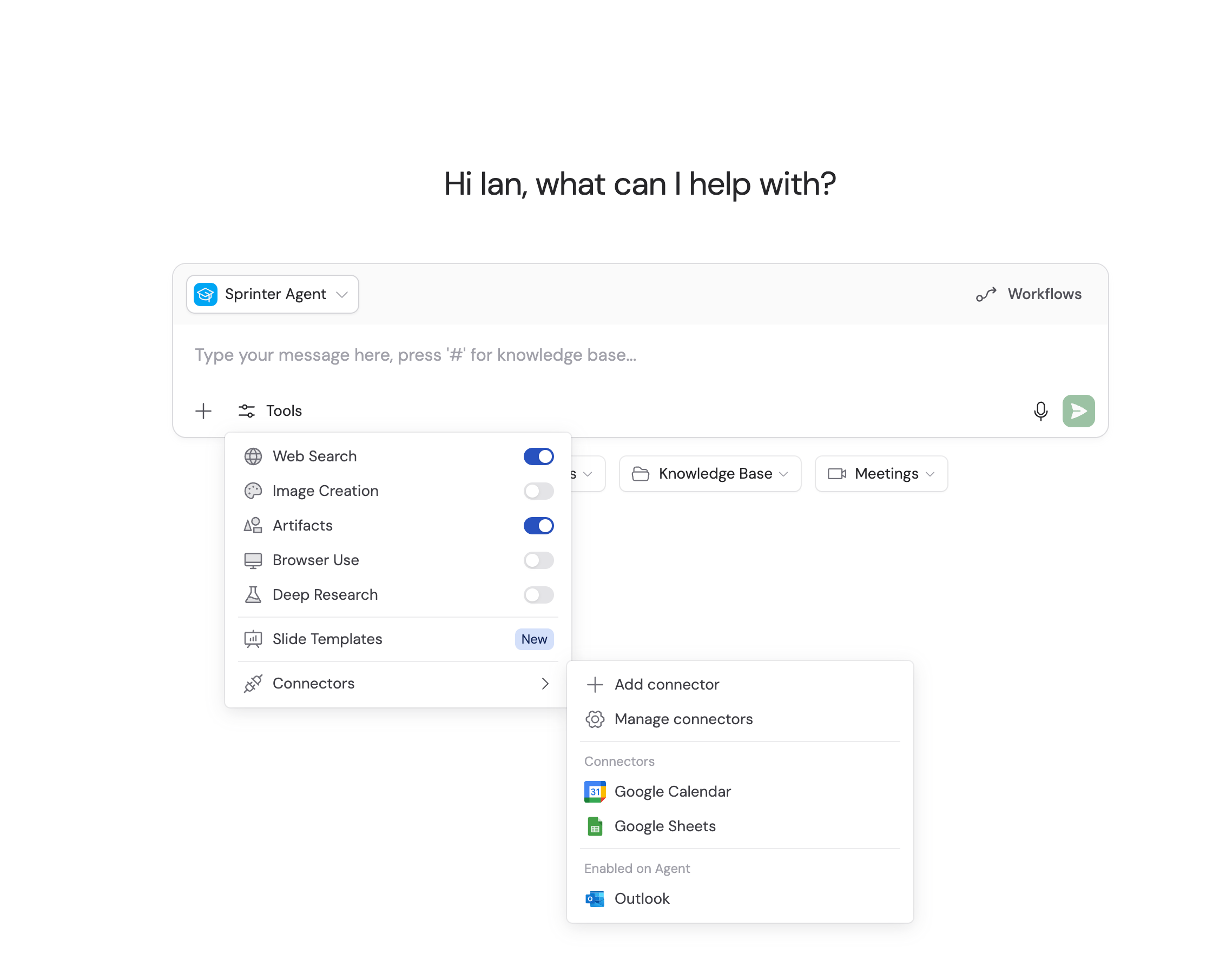 Tools menu in chat showing capabilities, personal Connectors, and Connectors enabled on the Agent