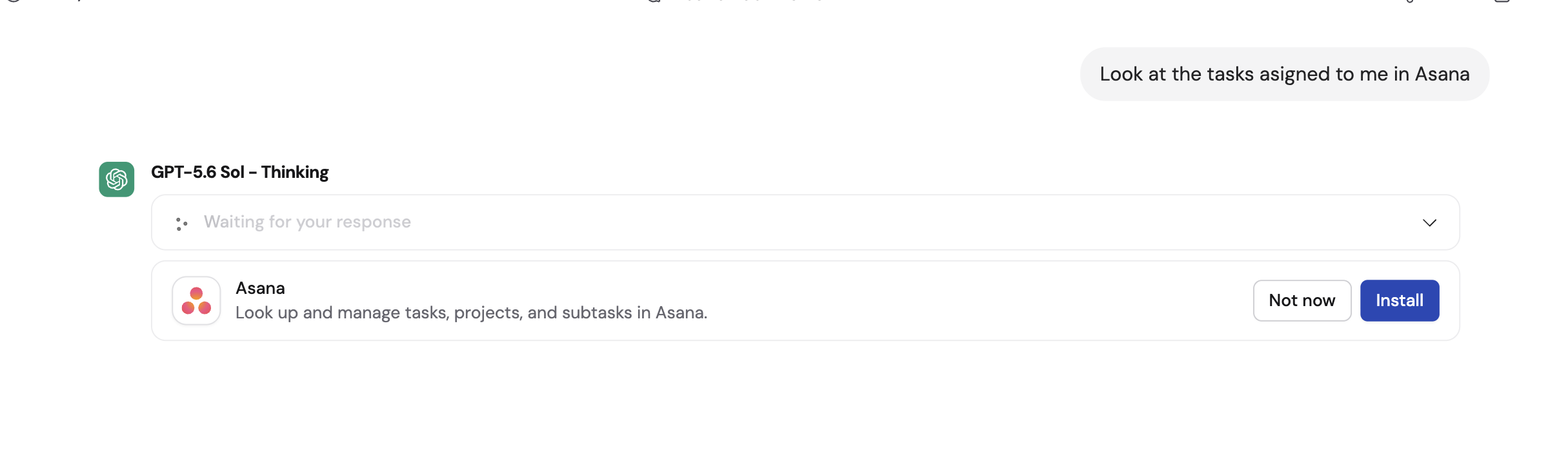 Chat response suggesting the Asana Connector with Not now and Add buttons