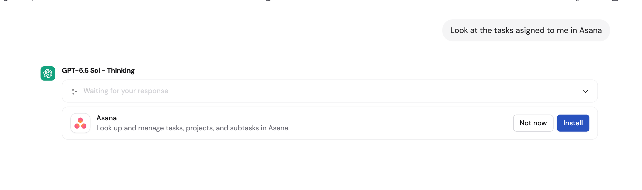 Chat response suggesting the Asana Connector with Not now and Add buttons