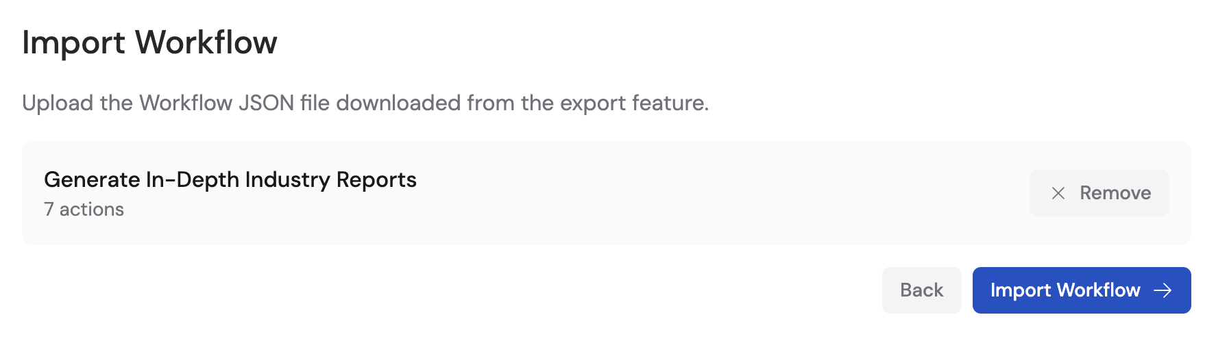 Import Workflow confirmation showing the imported Workflow ready to use