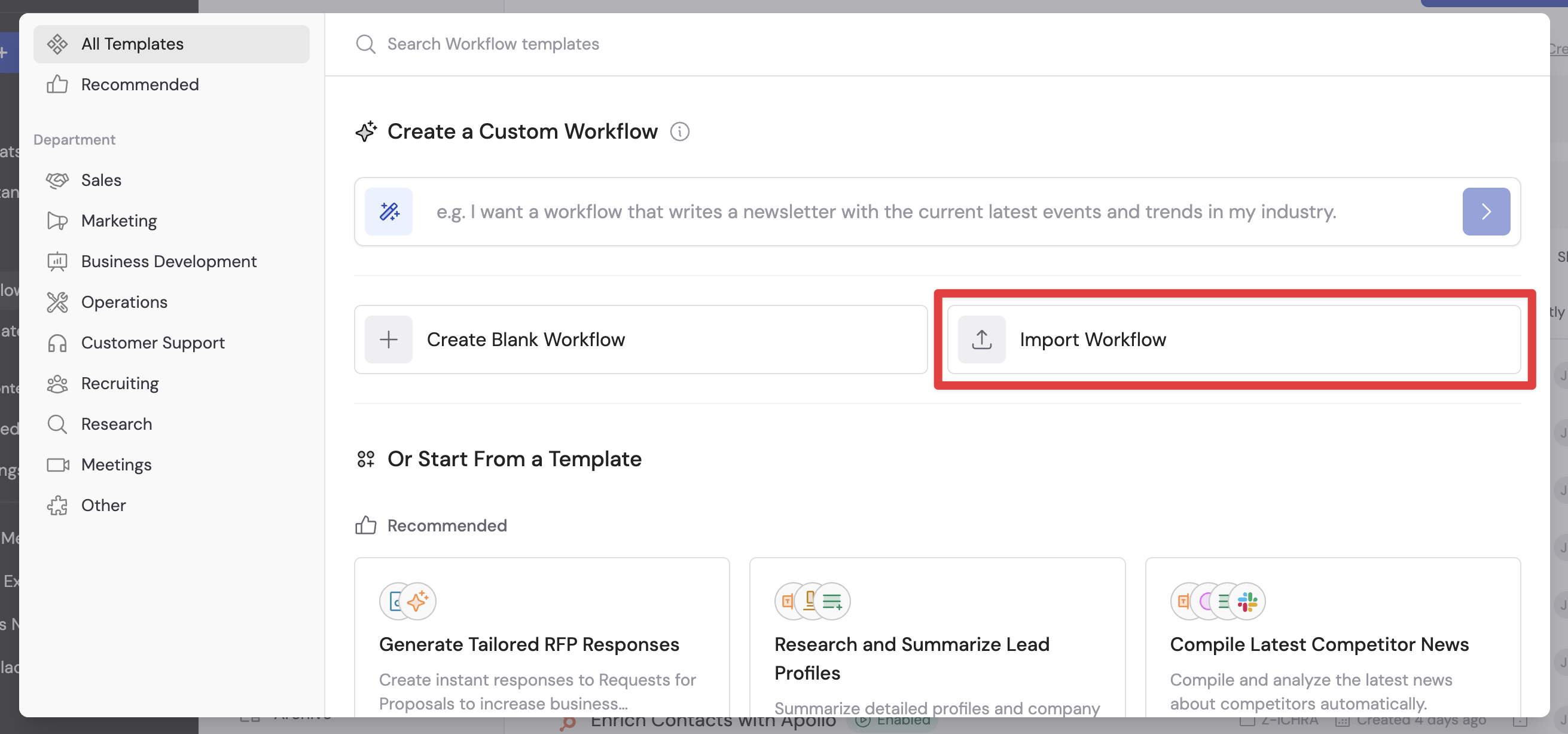 Workflow creation dialog showing the Import Workflow option