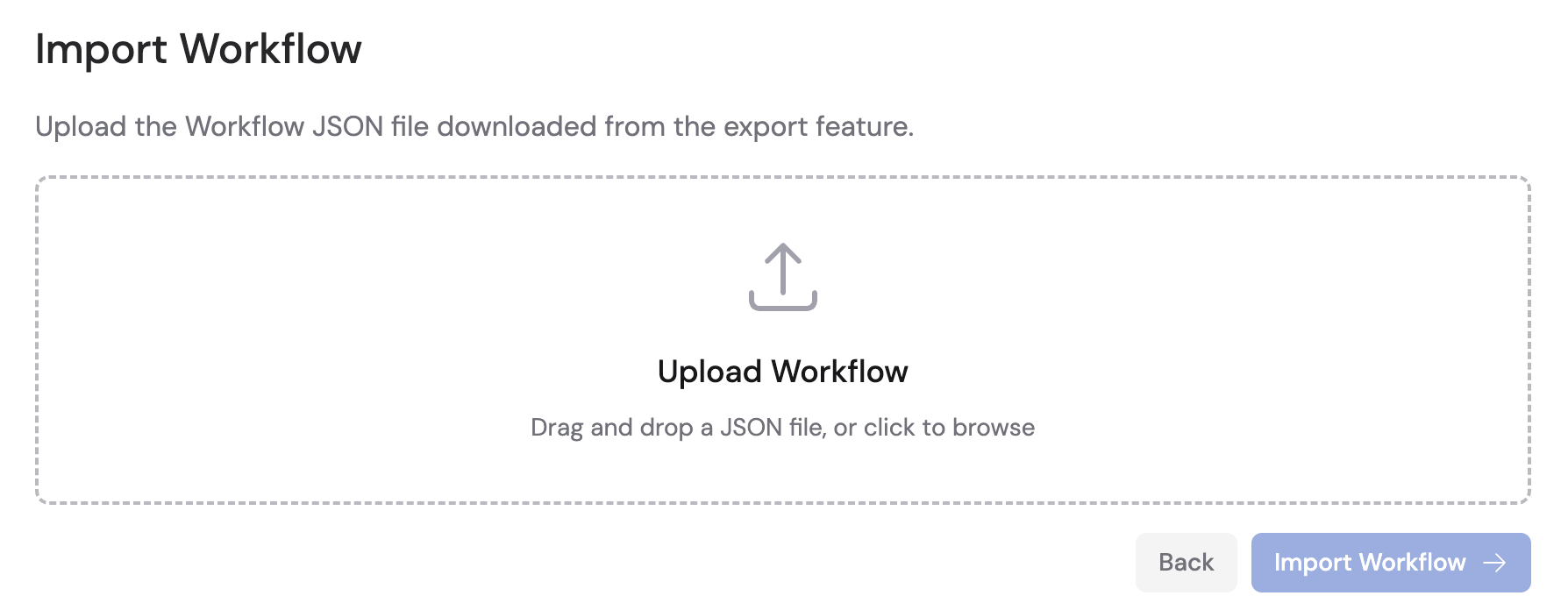 Import Workflow upload area for dragging or browsing a JSON file