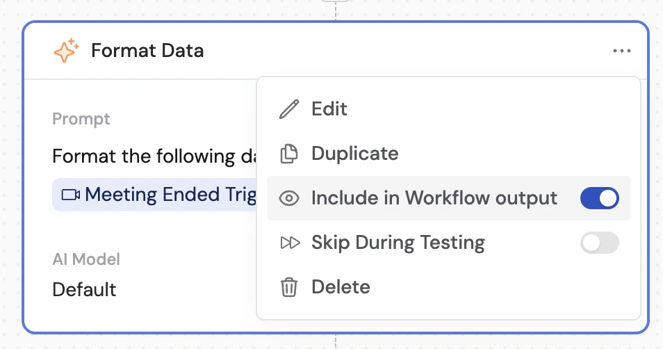 Action block menu showing the Include in Workflow output option
