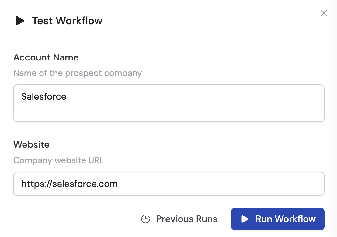 Previous Runs panel showing test run history