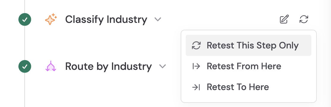 Retest options menu on an action block showing Retest This Step Only, Retest From Here, and Retest To Here