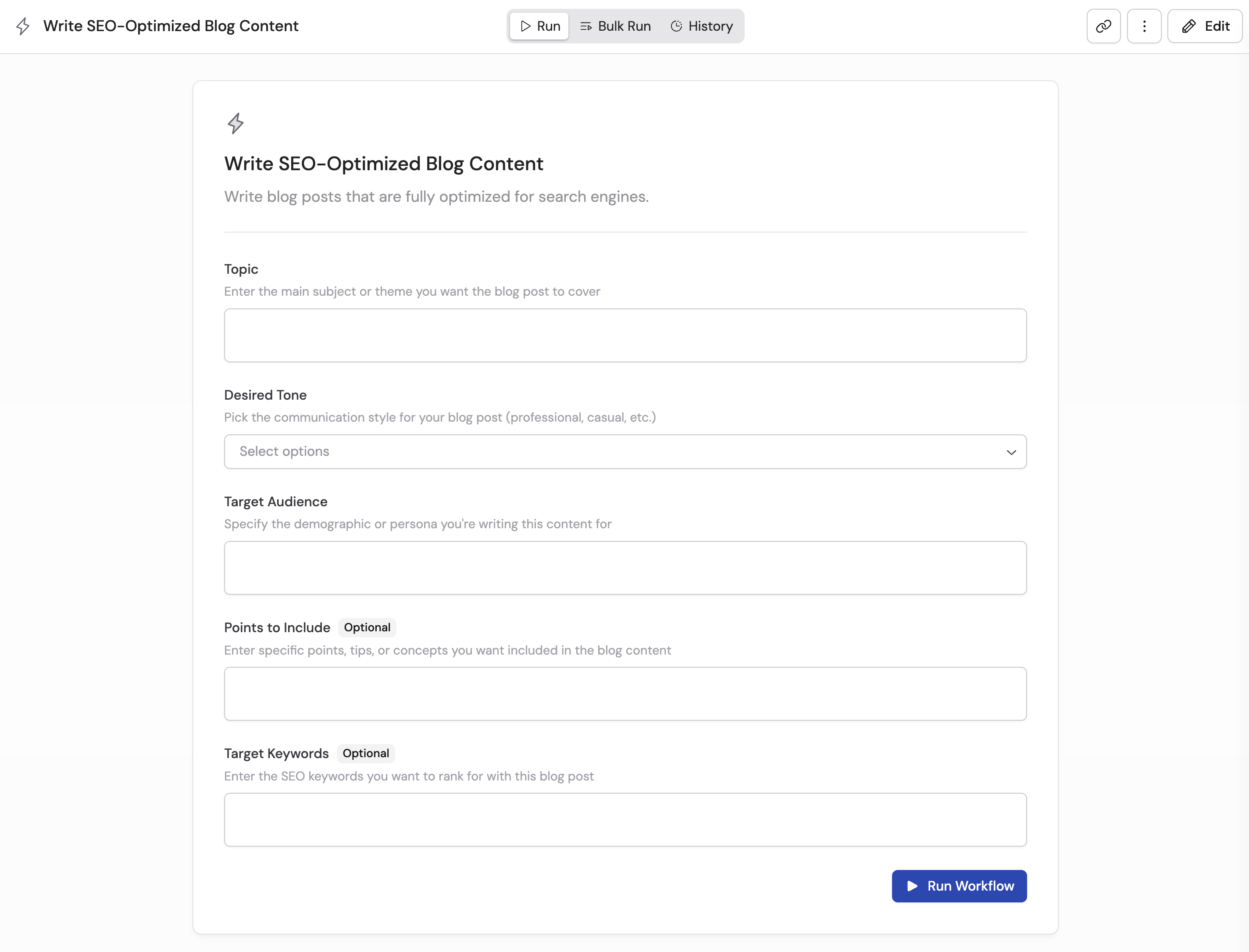 Workflow Run tab showing the input form for a manual trigger