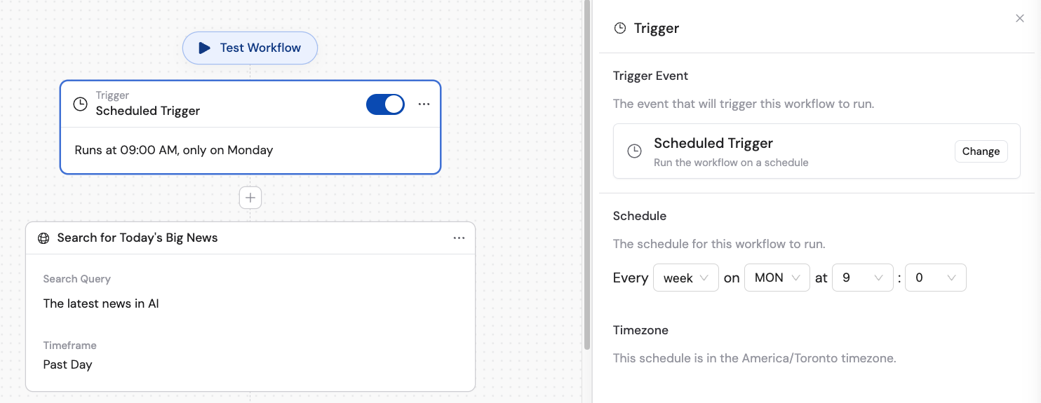 Scheduled trigger configuration showing frequency and time options