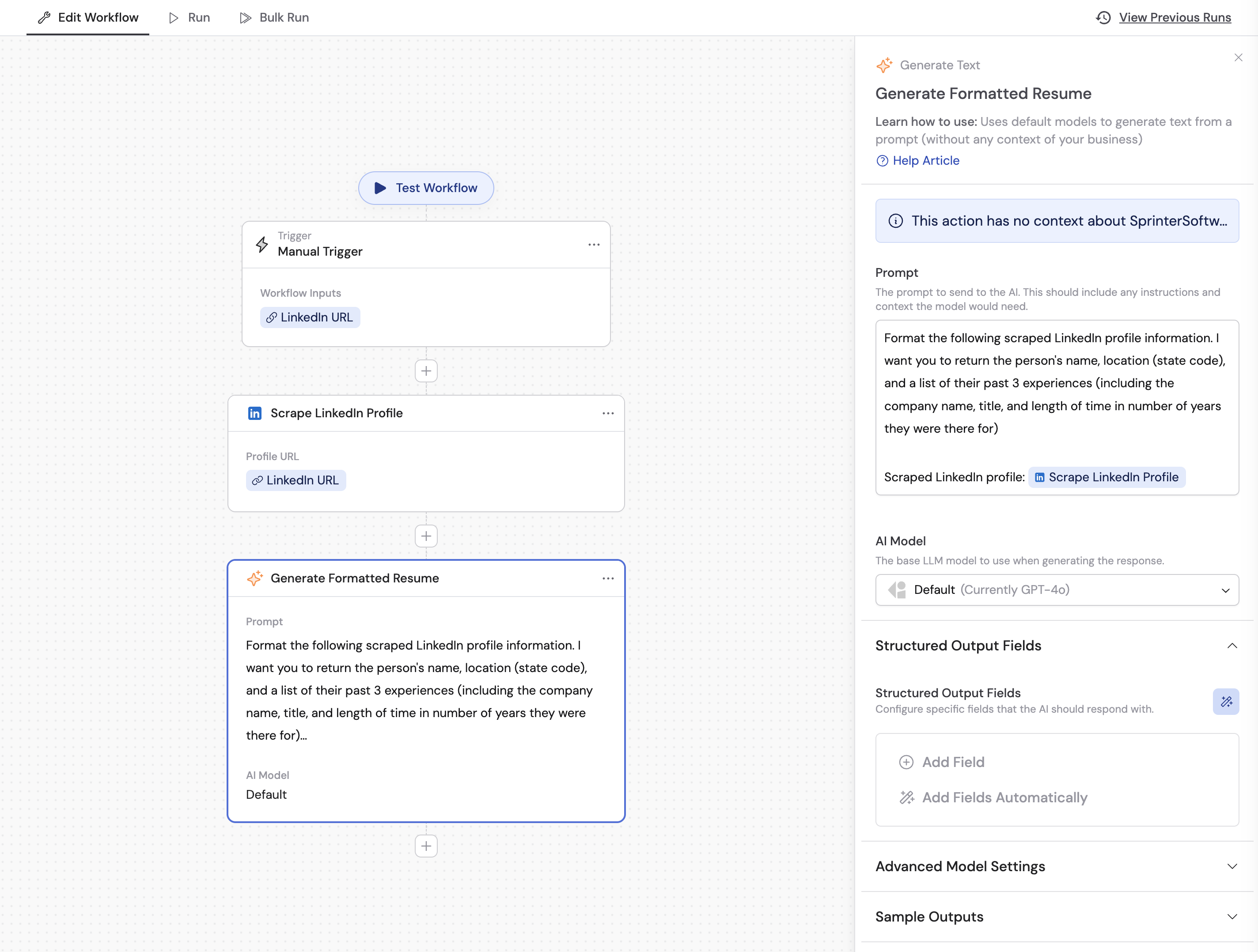 Action settings sidebar showing the Structured Output Fields section