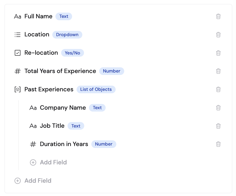 Completed structured output configuration for the LinkedIn profile parsing example with Full Name, Location, and Past Experiences fields