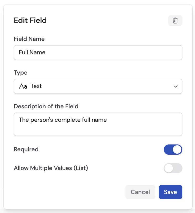 Edit Field dialog showing Field Name, Type, Description, Required toggle, and Allow Multiple Values toggle