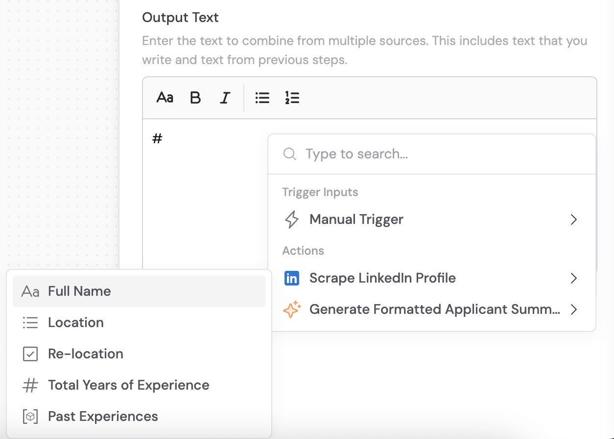 Variable selector dropdown showing individual structured output fields from a previous action