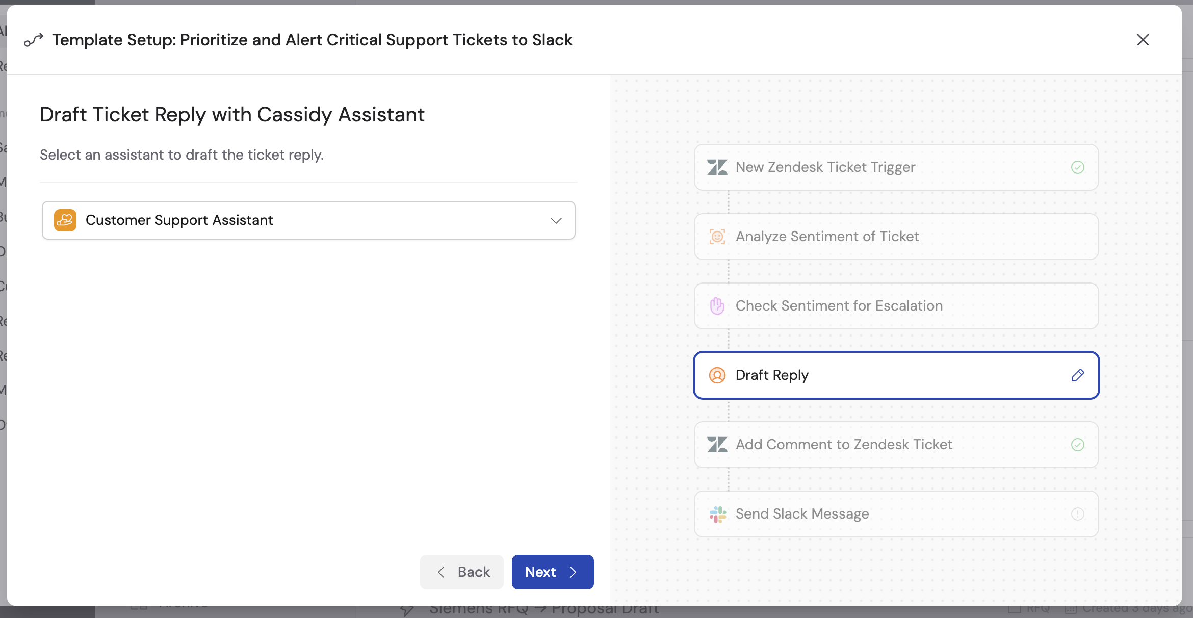 Template setup prompting Agent selection for a step