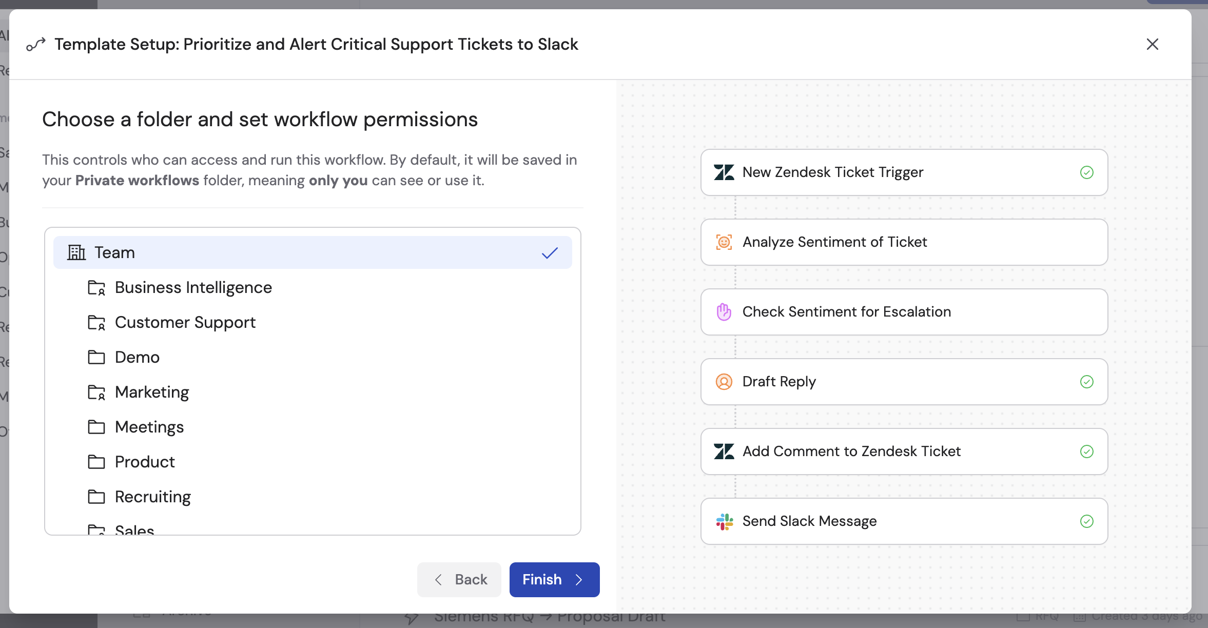Final template setup showing folder selection and permissions