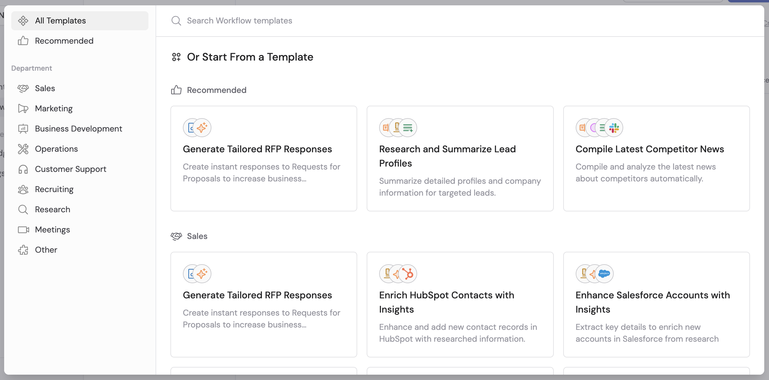Template library with search bar and category filters