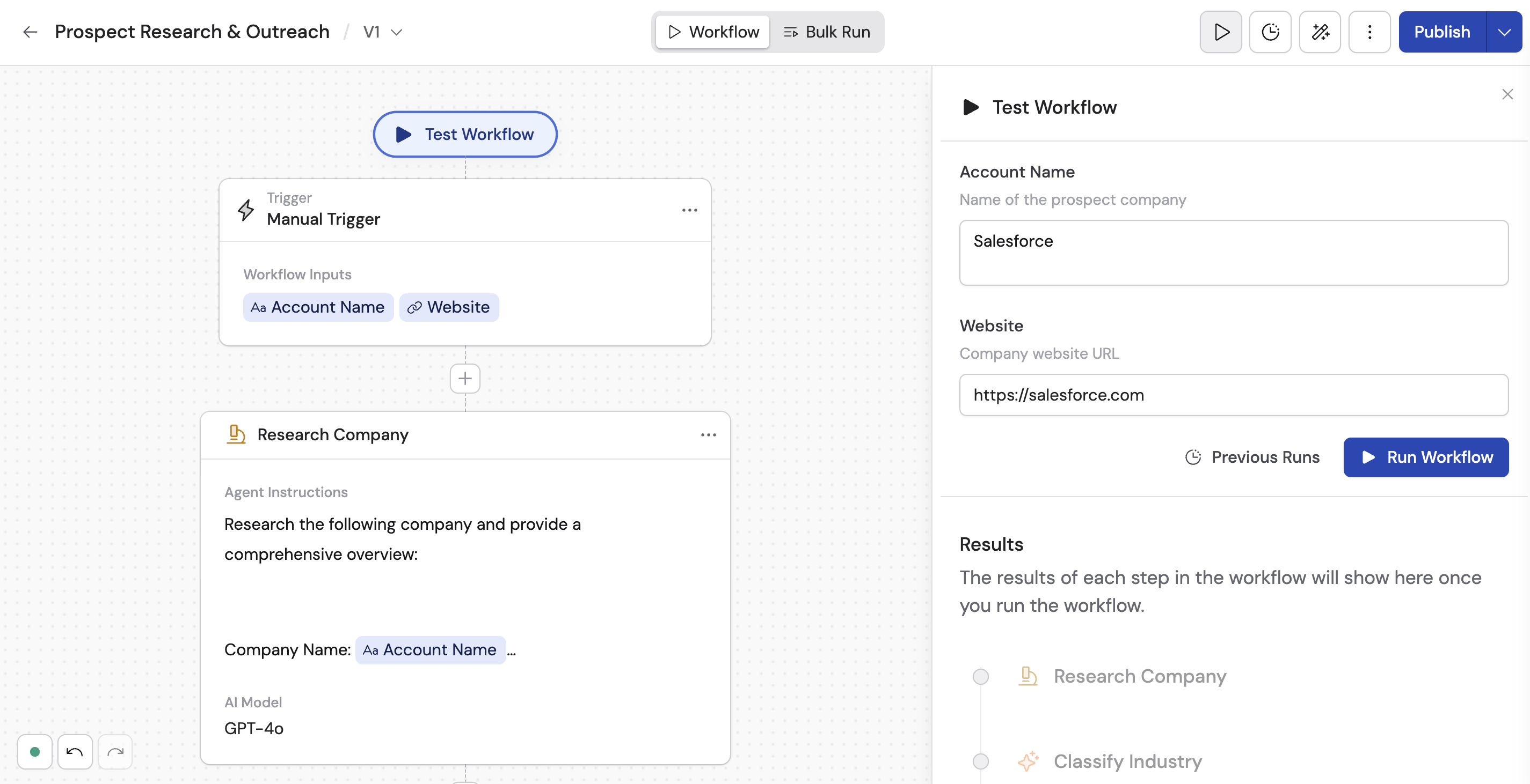 Test Workflow panel with sample inputs filled in and the Run Workflow button